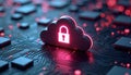 Abstract illustration shows cloud computing security. Stylized cloud icon combined with secure padlock symbol. Image represents
