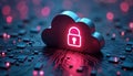 Abstract illustration shows cloud icon with secure padlock symbol. Data protection tech in cloud environments. Stylized digital