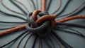 Abstract illustration shows complex intertwined black, orange cables forming tight knot. Wires connected. Technological, Royalty Free Stock Photo