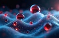 Abstract illustration shows glowing red, blue molecular spheres. Float on wavy translucent surface with tiny particles. Royalty Free Stock Photo