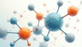 Abstract illustration shows molecular structure with atoms bonds. Molecular network connects spheres in blue orange, grey colors. Royalty Free Stock Photo