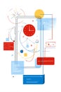 Abstract digital illustration featuring a smartphone with colorful geometric shapes, clock, and various data elements on Royalty Free Stock Photo