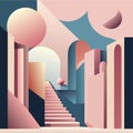 Abstract illustration of stairs leading to the city. Minimal style. AI Generated