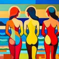 Abstract illustration in the style of an oil painting on canvas depicting three young women sitting on the beach