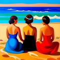 Abstract illustration in the style of an oil painting on canvas depicting three young women sitting on the beach Royalty Free Stock Photo