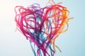 An abstract illustration of tangled threads slowly unravelling to form a heart, symbolizing