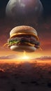 Abstract illustration - tasty hamburger against the sky