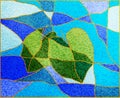 Abstract illustration of tropical leaves with mosaic broken glass effect for design. green leaves on blue blue background. vector Royalty Free Stock Photo