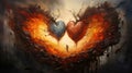 Abstract illustration of two hearts forming one large fiery heart. Heart as a symbol of affection and