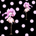 Abstract illustration of two pink flamingo in fashionable pink flower hats