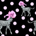 Abstract illustration of two striped (white and black) Zebra in fashionable pink flower hats Royalty Free Stock Photo