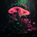 Abstract illustration of unusual mushrooms, fairytale forest