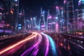 Abstract Illustration of an urban highway going to the modern city downtown, speed motion with colorful light trails