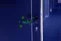 Abstract illustration of virus and dirty door handle, view under UV light. Avoid touching surfaces in public spaces during