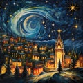 Abstract illustration in watercolor night swirl in the sky stars illuminated house lights. Christmas card as a symbol of