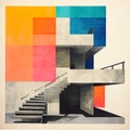 Abstract illustrations of brutalist style buildings capture the essence of modernist architecture.