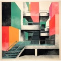Abstract illustrations of brutalist style buildings capture the essence of modernist architecture.