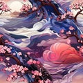 Abstract illustrations of cherries, trees, and flowers with fluid landscapes (tiled