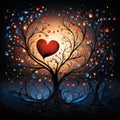 Abstract illustrations, colorful tree branches, in the middle, light and red heart. Heart as a symbol of affection and