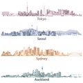 Abstract illustrations of Tokyo, Seoul, Sydney and Auckland skylines at night in different colorful palettes