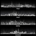 Abstract illustrations of Tokyo, Seoul, Sydney and Auckland skylines at night in grey scales.