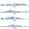 Abstract illustrations of Tokyo, Seoul, Sydney and Auckland skylines in tints of blue.