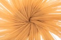 Abstract image from above of an Organic uncooked Brown Rice Spaghetti pasta arranged in a ceramic tall jar.
