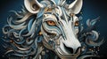 Abstract image of animal head with lion or horse mane in white and blue colors