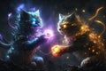 Abstract art in two young cat fighting with laser powerful spotlight coloring.