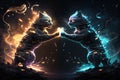 Abstract art in two young cat fighting with laser powerful spotlight coloring.