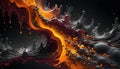 An abstract image of black, orange, and brown liquid flowing and swirling, creating a dynamic and chaotic effect. The