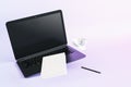 Abstract image of blank laptop, coffee cup, notepad and pen on white background. Remote work, online education concept. Mock up,