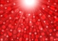 Abstract Falling Snowflakes, Light Rays and Bokeh in Red Background Royalty Free Stock Photo