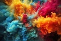 An abstract image capturing the vibrant explosion of ink colors submerged in water, creating a visually striking contrast