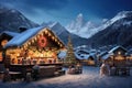Abstract image with a charming Christmas Market in Italy, Dolomites Mountains, South Tyrol scenics, AI generated.