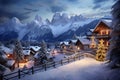 Abstract image with a charming Christmas Market in Italy, Dolomites Mountains, South Tyrol scenics, AI generated.