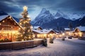 Abstract image with a charming Christmas Market in Italy, Dolomites Mountains, South Tyrol scenics, AI generated.