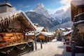 Abstract image with a charming Christmas Market in Italy, Dolomites Mountains, South Tyrol scenics, AI generated.