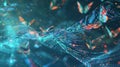 An abstract image of code streams transforming into a swarm of virtual bugs illustrating the concept of a software bug