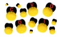 Abstract image of coronavirus. A yellow spiked balls with black crowns in the form of a bat and red hazard warning text.