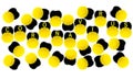 Abstract image of coronavirus. Yellow spiked balls with black crowns in the shape of a bat and hazard warning text.