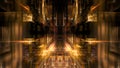 Abstract image with a deep perspective of golden light and mirrored geometric patterns. 3d render