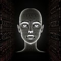 Abstract image of a digital face created from binary code, surrounded by glowing red lines and a black background for a Royalty Free Stock Photo