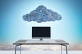 Abstract image of empty computer placed on desk under digital cloud with coding on sky background. Digital storage, database, Royalty Free Stock Photo
