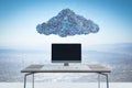 Abstract image of empty computer placed on desk under digital cloud with programming language on sky background. Digital storage, Royalty Free Stock Photo