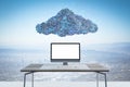 Abstract image of empty white computer placed on desk under digital cloud with programming language on sky background. Digital Royalty Free Stock Photo