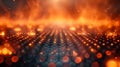 Abstract image of a fiery glowing hexagonal grid pattern. Warm, bright colors with bokeh effects. Futuristic technology