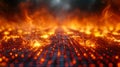 Abstract image of a fiery glowing hexagonal grid pattern. Warm, bright colors with bokeh effects. Futuristic technology