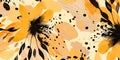 An abstract image with flowers and vibrant orange and black splatters