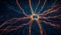 Abstract image of a glowing, blue chip inside a network of orange lines, resembling a computer processor or a central